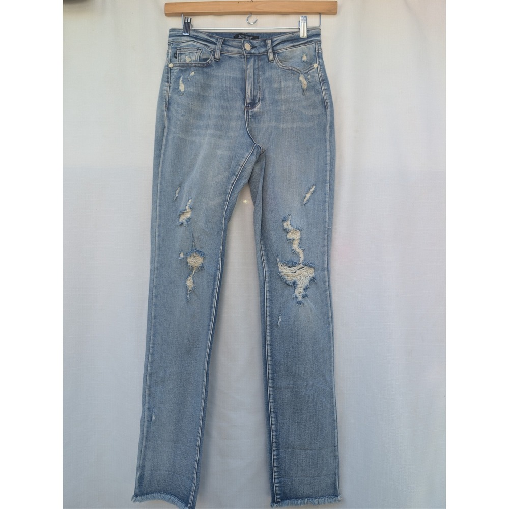 Judy Blue Boyfriend Jeans Size 7 28 Light Wash Distressed Destroyed‎ Hem JB88440